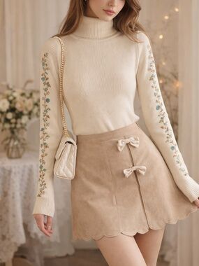 Relativity Cream Embroidered Turtleneck Sweater XL Floral Sleeve Ribbed Cotton